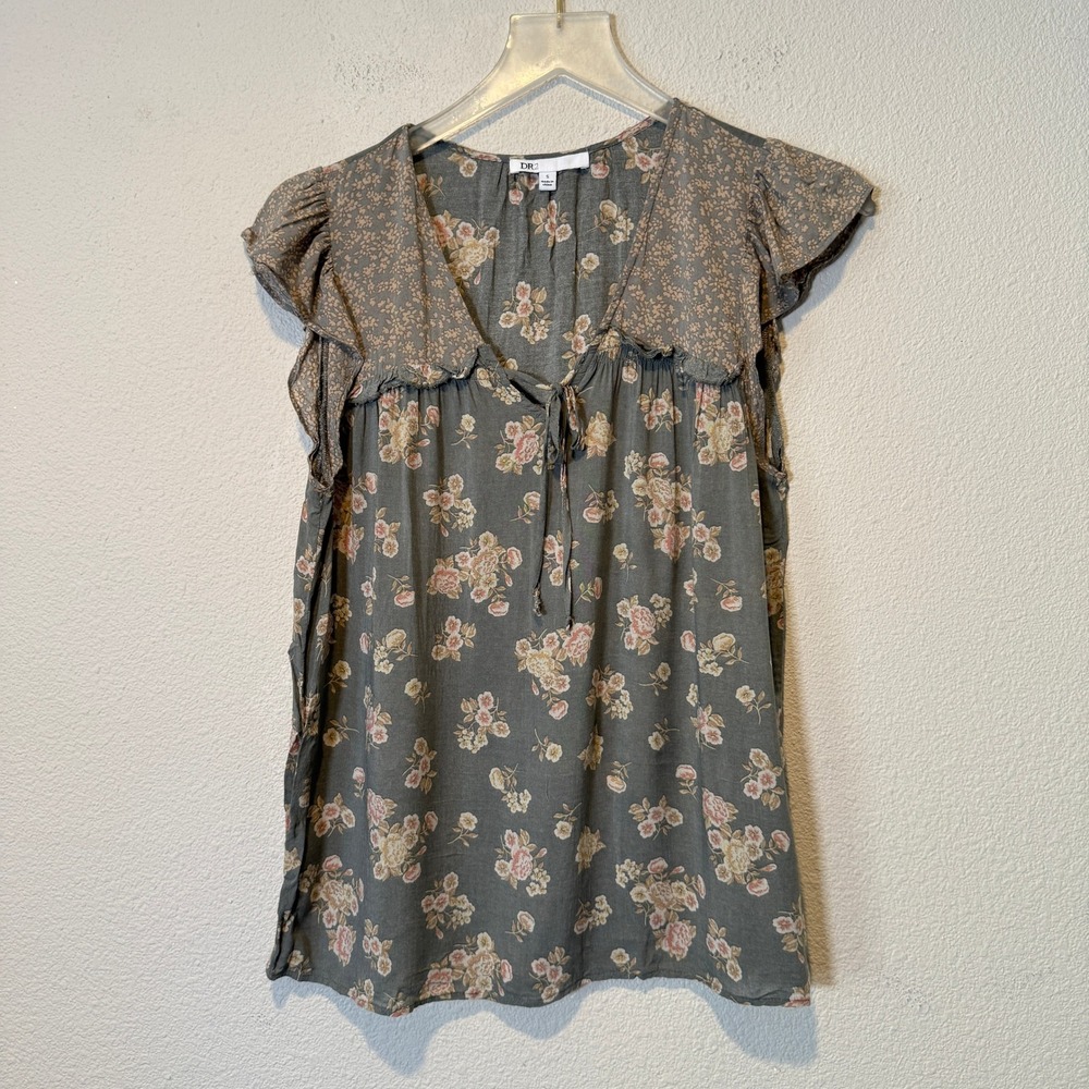 DR2 Women Grey Floral Ruffle Cap Sleeve V-Neck Tie Blouse Top Small‎ DR23402RYL